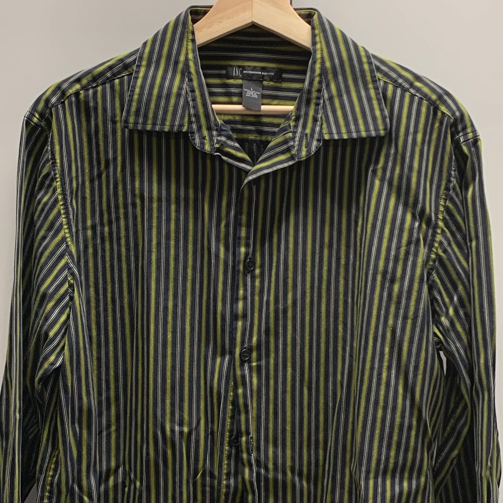 Men’s Button Down Shirt- Black & Green Stripes